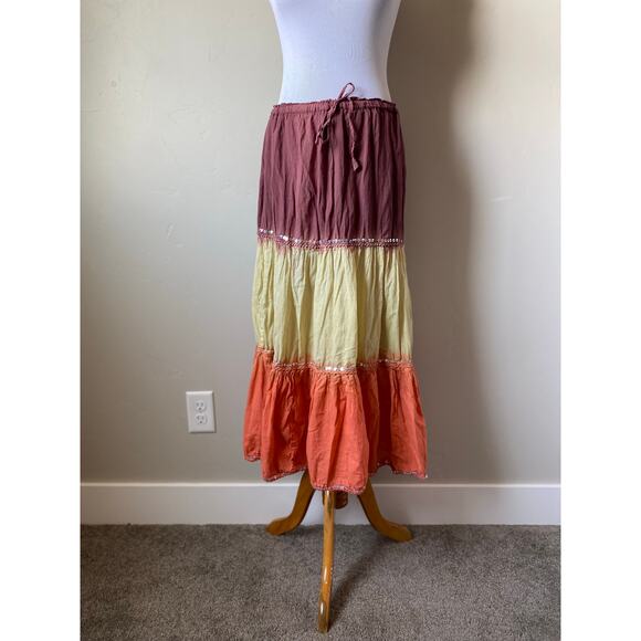Kaaku Multicolor Ombre Gauzy 100% Cotton Sequence Tiered Boho Hippie Midi Skirt - Picture 2 of 6